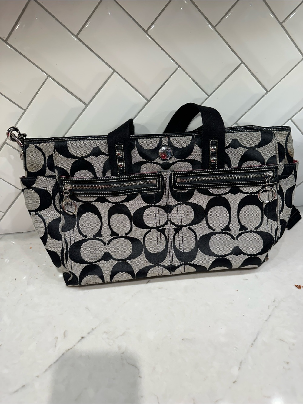 Coach Black and Gray Signature Jacquard Diaper Bag/Tote